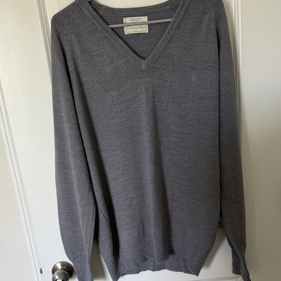 Vintage Christian Dior Men's V-Neck Sweater - Charcoal - Size XL - Picture 1 of 6